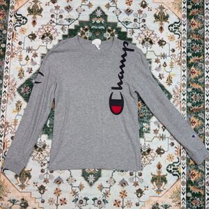 Champion Long Sleeve T Shirt Men's Small Gray Script Logo Crew‎ Neck Tee